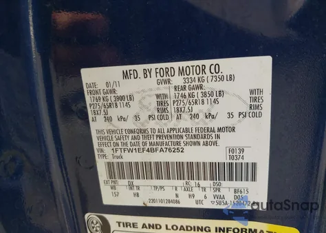 2011 Ford F-150 Lariat from USA, damaged, VIN 1FTFW1EF4BFA76252